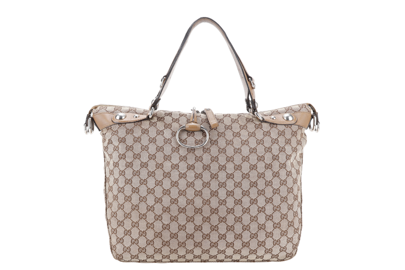 GUCCI SHOULDER BAG BEIGE CANVAS WITH SILVER HARDWARE AND DUST COVER