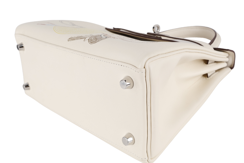 HERMES KELLY 25 IN AND OUT NATA COLOR SWIFT LEATHER SILVER HARDWARE STAMP Z (YEAR 2021) WITH STRAPS, KEYS, LOCK, DUST COVER AND BOX