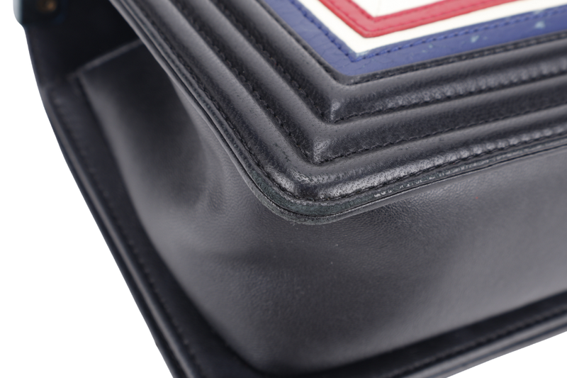 CHANEL LEBOY (2191xxxx) CREST BLACK, RED, WHITE & BLUE LAMBSKIN LEATHER GOLD HARDWARE WITH BOX