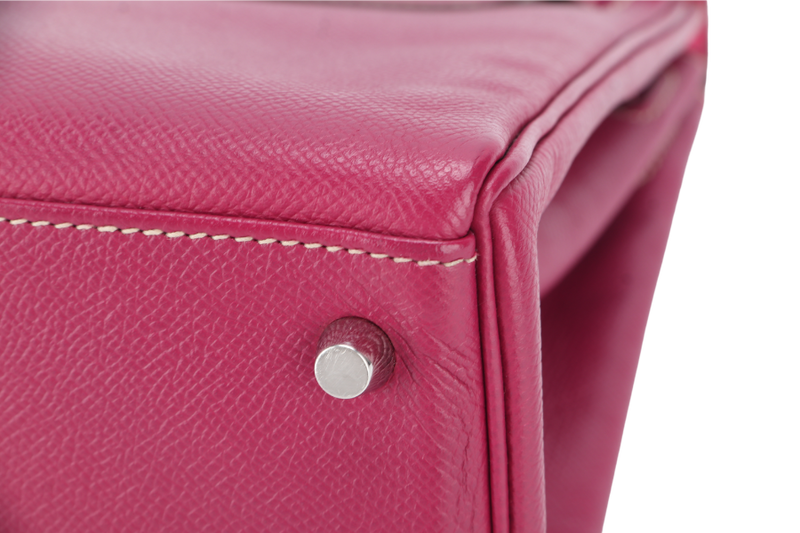 HERMES KELLY 28 CANDY VERSO TOSCA AND ROSE TYRIEN COLOR EPSOM SILVER HARDWARE STAMP O (YEAR 2011) WITH KEYS, LOCK, STRAP AND DUST COVER