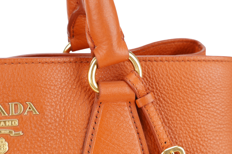 PRADA BN2579 VITELLO DAINO ZIP BAG ORANGE LEATHER GOLD HARDWARE WITH DUST COVER, LONG STRAPS AND CARD