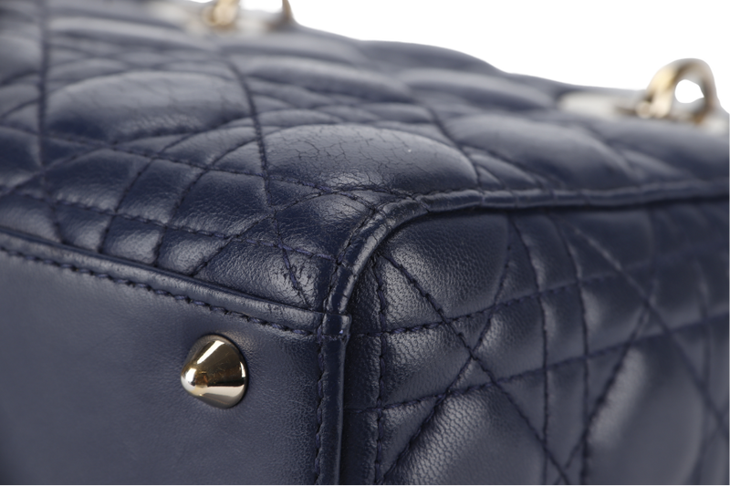 CHRISTIAN DIOR LADY DIOR SMALL (01-RU-1117) NAVY BLUE CANNAGE LAMBSKIN GOLD HARDWARE WITH STRAP, DUST COVER AND BOX