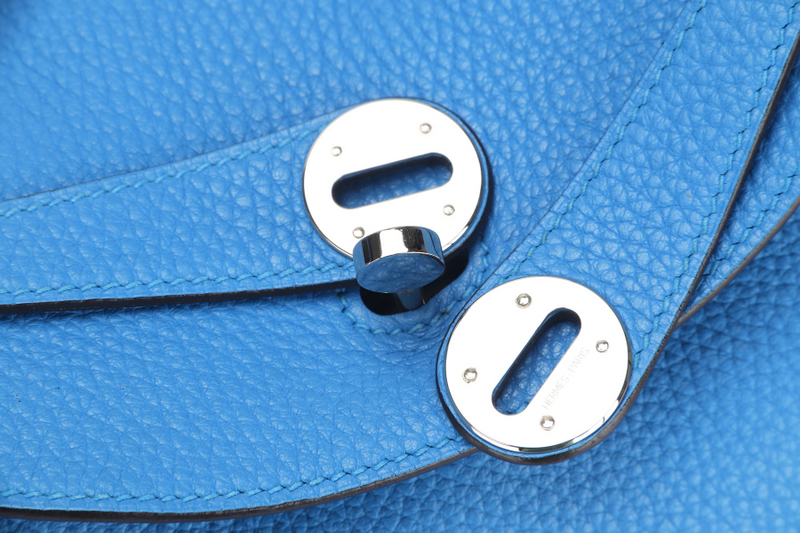 HERMES LINDY 30 (STAMP A) BLUE ZANZIBAR CLEMENCE LEATHER SILVER HARDWARE, WITH DUST COVER & BOX