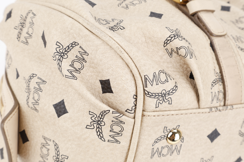 MCM BOSTON LIGHT BEIGE MONOGRAM CANVAS GOLD HARDWARE WITH KEYS, LOCK AND DUST COVER