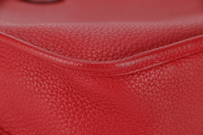 HERMES EVELYNE PM STAMP P RED CLEMENCE LEATHER SILVER HARDWARE WITH STRAP AND DUST COVER