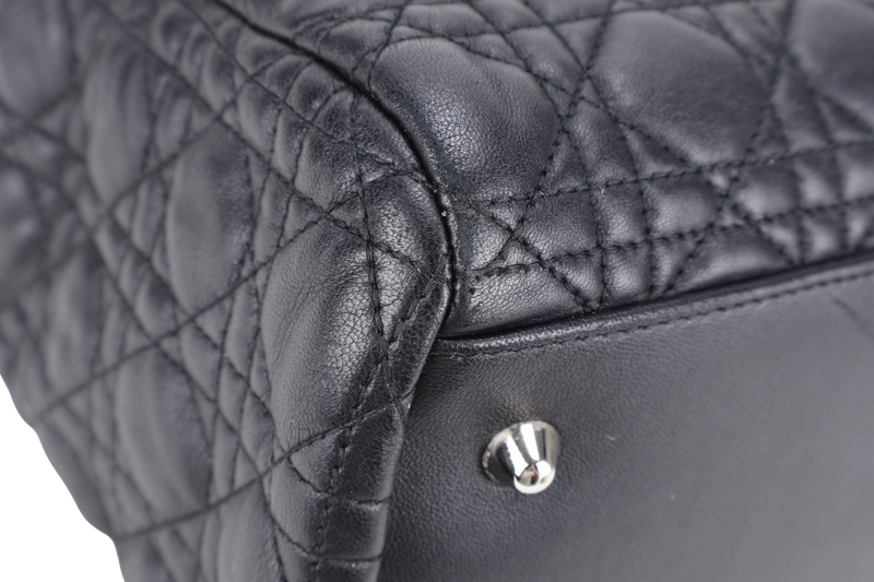CHRISTIAN DIOR CANNAGE SHOPPING TOTE LARGE BLACK LAMBSKIN SILVER HARDWARE WITH DUST COVER