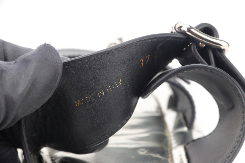 PRADA BLACK LEATHER BUCKLES SILVER PATENT LEATHER MULES SANDALS EU SIZE 37 WITH DUST COVER