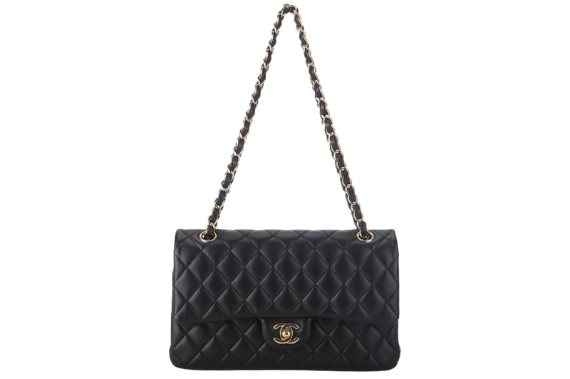 CHANEL CLASSIC FLAP MEDIUM BLACK LAMBSKIN GOLD HARDWARE WITH CARD (3040xxxx) WITH DUST COVER  AND BOX