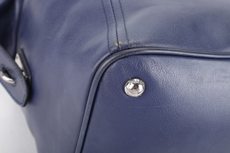 PRADA BR4998 BLUE LARGE LEATHER BOSTON BAG SILVER HARDWARE WITH KEYS & LOCK NO DUST COVER