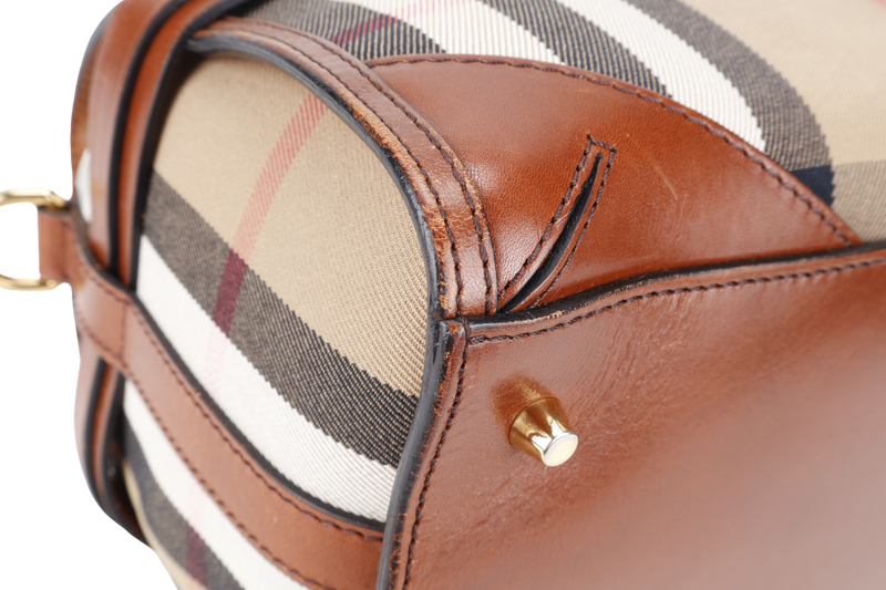 BURBERRY HOUSE CHECK BRIDLE BOWLING BAG BROWN CANVAS AND LEATHER GOLD HARDWARE WITH DUST COVER