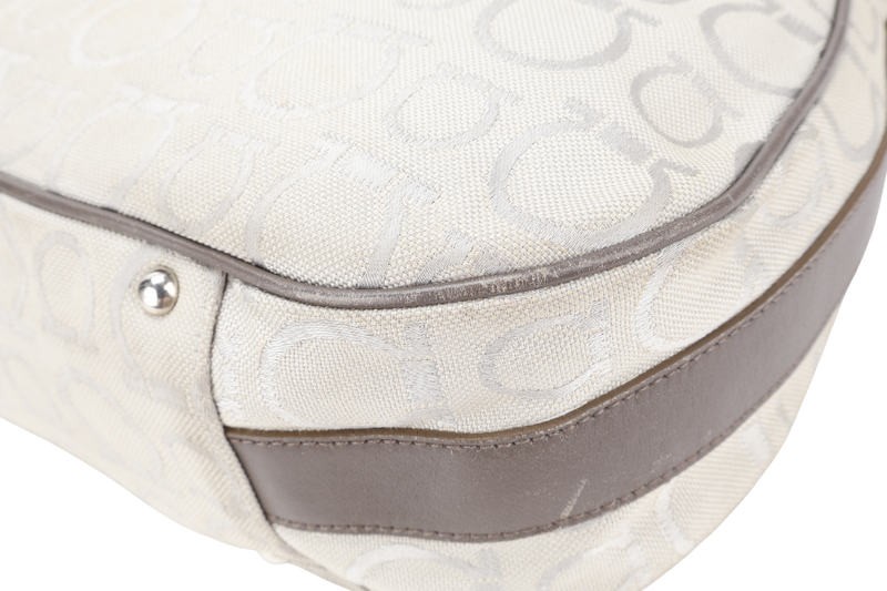 SALVATORE FERRAGAMO GANCINI GREY CANVAS WITH BROWN LEATHER LINING SILVER HARDWARE WITH DUST COVER