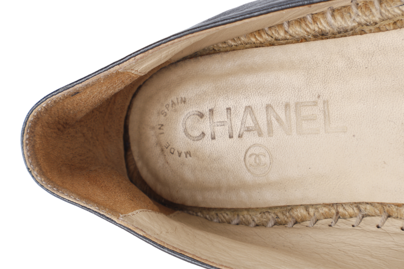 CHANEL ESPADRILLES SHOES BLACK LEATHER SIZE 38 WITH DUST COVER