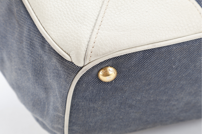 PRADA BLUE DENIM TOTE BAG WHITE LEATHER GOLD HARDWARE NO DUST COVER