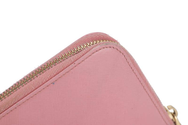 PRADA ZIP AROUND LONG WALLET PINK SAFFIANO LEATHER GOLD HARDWARE WITH BOX