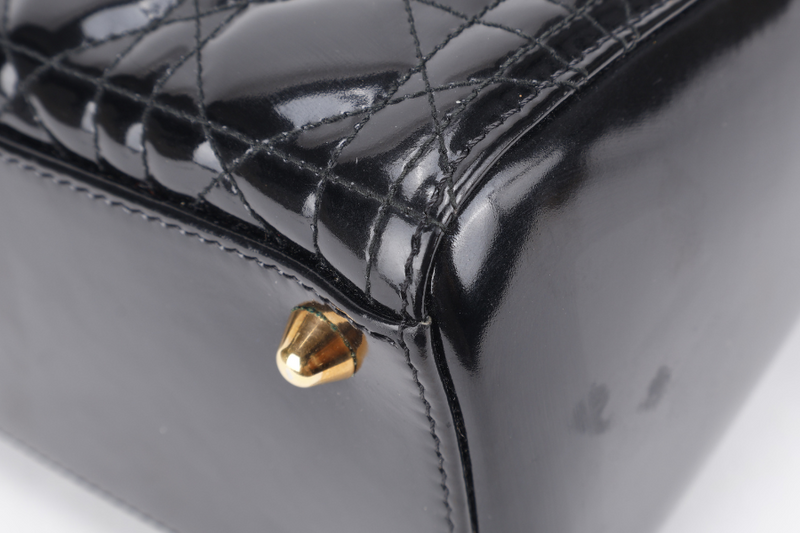 CHRISTIAN DIOR LADY DIOR LARGE PATENT BLACK GOLD HARDWARE WITH CARD AND DUST COVER