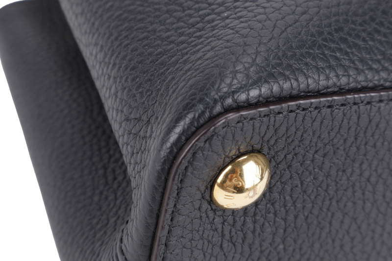 LOUIS VUITTON CAPUCINES BB BLACK CALFSKIN LEATHER GOLD HARDWARE WITH LEATHER STRAPS AND DUST COVER