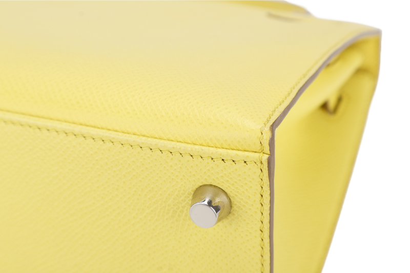 HERMES KELLY 25 SOUFRE COLOR EPSOM LEATHER SILVER HARDWARE STAMP Q (2013) WITH DUST COVER, LOCK, KEYS, RAINCOAT AND STRAPS