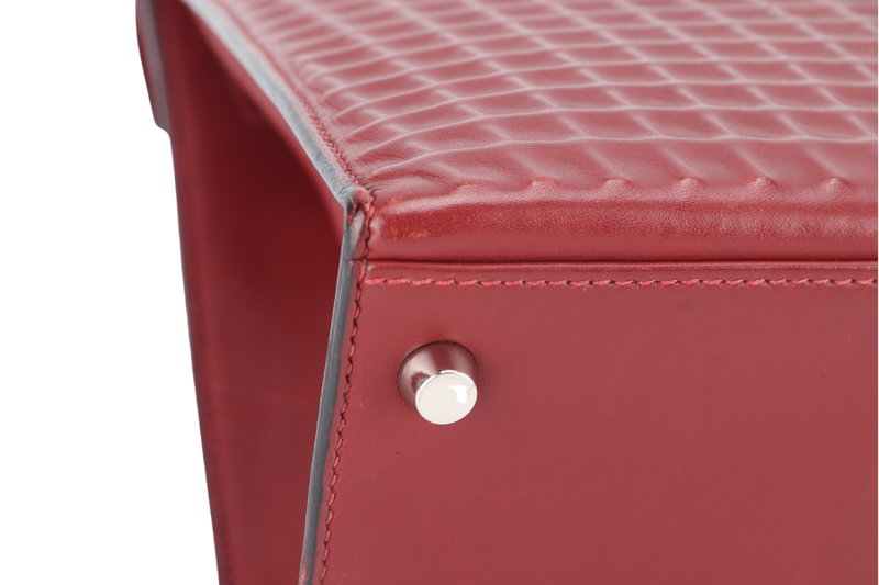 HERMES KELLY 32 WAFFLE SELLIER STAMP G (YEAR 2003) ROUGE H EVERCALF LEATHER SILVER HARDWARE WITH STRAPS, DUST COVER (NO KEYS & LOCK)