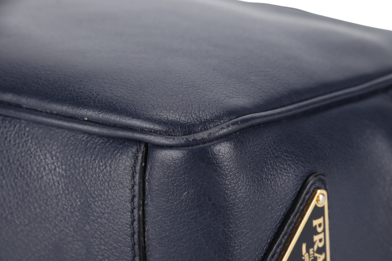 PRADA CAMERA CROSSBODY BAG (1BH089) NAVY BLUE GLACE CALF LEATHER GOLD HARDWARE WITH DUST COVER AND CARD