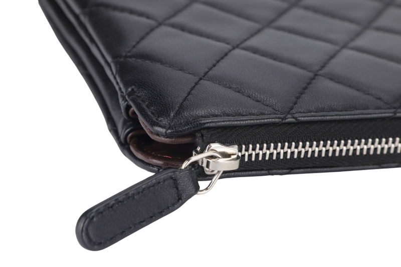 CHANEL BLACK LAMBSKIN QUILTED CLUTCH (2638xxxx) SILVER HARDWARE WITH DUST COVER AND BOX