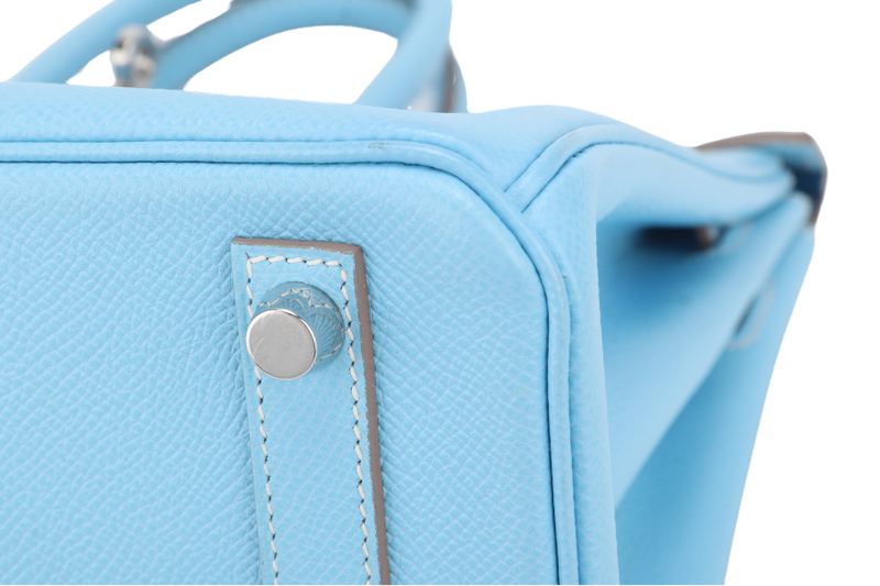 HERMES BIRKIN 25 BLUE CELESTE, BLUE THALASSA EPSOM LEATHER SILVER HARDWARE STAMP O (YEAR 2011) NO KEYS, NO LOCK WITH DUST COVER