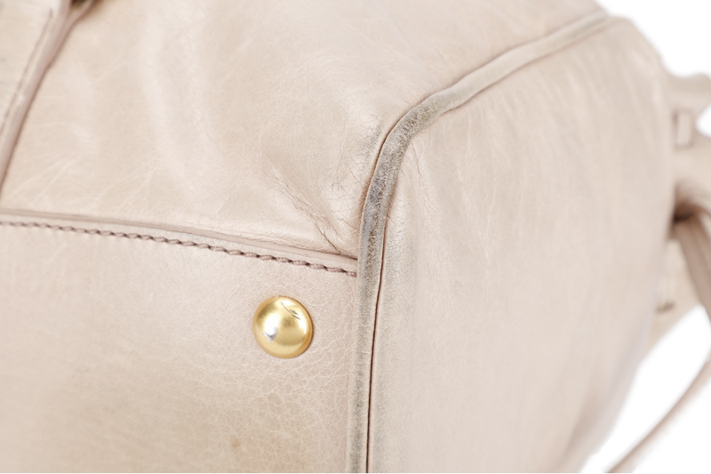 MIU MIU VITELLO LUX LARGE BEIGE BOWLER BAG GOLD HARDWARE WITH LEATHER STRAPS AND DUST COVER