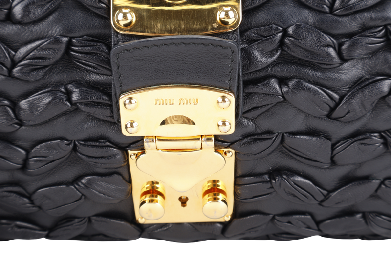 MIU MIU BLACK CLUTCH PLISSE LEATHER GOLD HARDWARE WITH DUST COVER