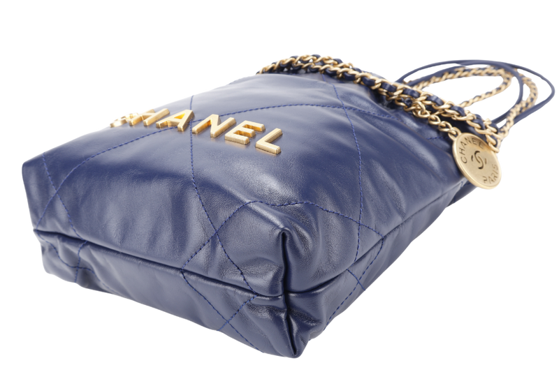 CHANEL MINI 22 (XE8Kxxxx) BLUE SHINY CALF LEATHER GOLD HARDWARE WITH DUST COVER, BOX AND PAPER BAG