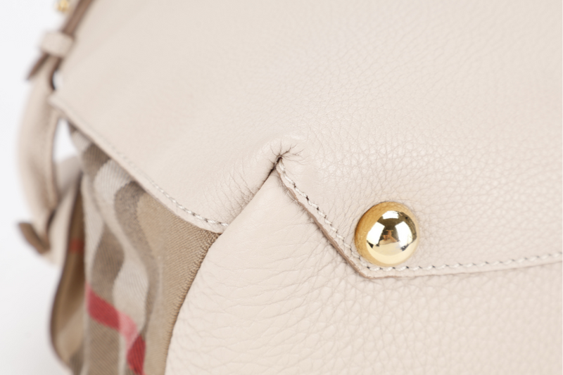 BURBERRY BEIGE BANNER HOUSE CHECK DERBY TOTE CALF LEATHER GOLD HARDWARE WITH STRAPS AND DUST COVER