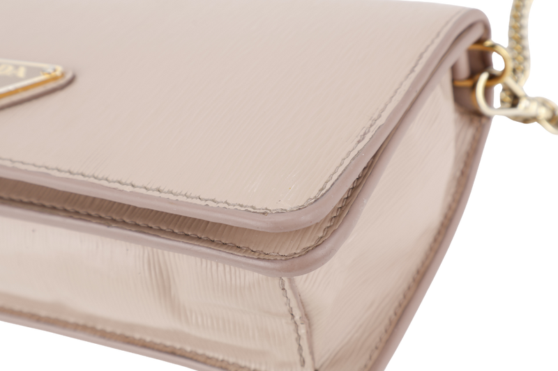 PRADA BANDOLIERA TRIANGLE LOGO HANDBAG MINI BEIGE LEATHER GOLD HARDWARE WITH DUST COVER AND BOX