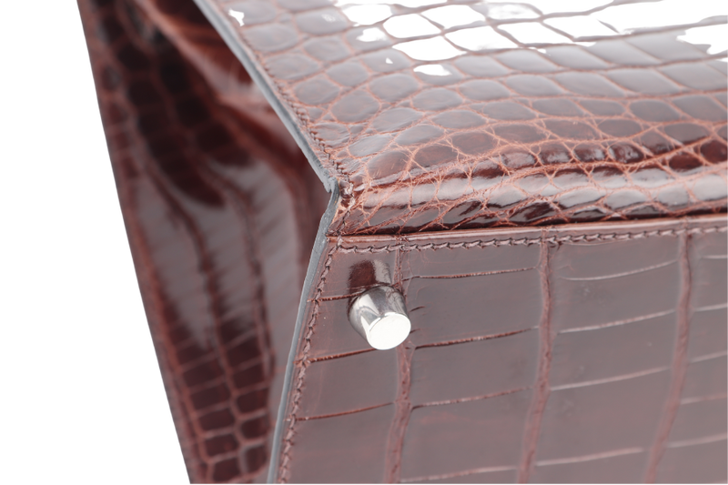 HERMES KELLY 32 SELLIER DARK BROWN SHINY NILOTICUS SILVER HARDWARE STAMP P (YEAR 2012) WITH KEYS, LOCK, STRAPS, RAINCOAT WITH DUST COVER