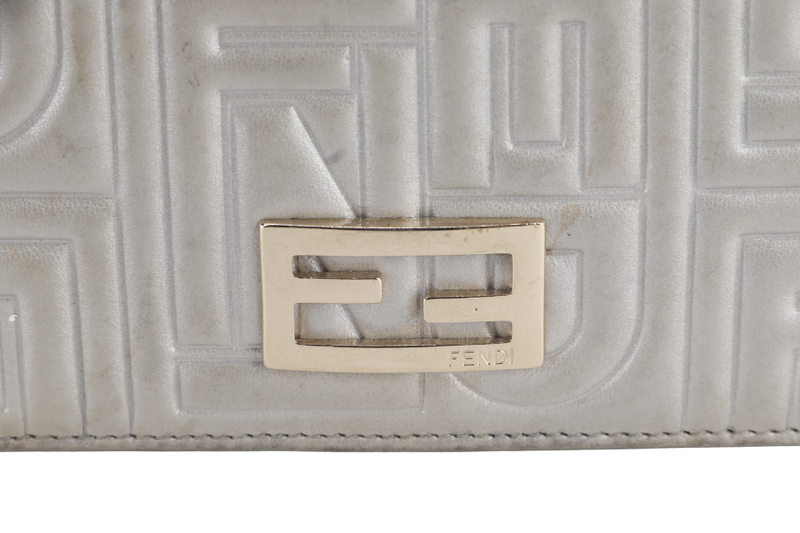 FENDI SILVER METALLIC NAPPA LOGO EMBOSSED W.O.C GOLD HARDWARE (AX41526) WITH CHAIN STRAPS NO DUST COVER