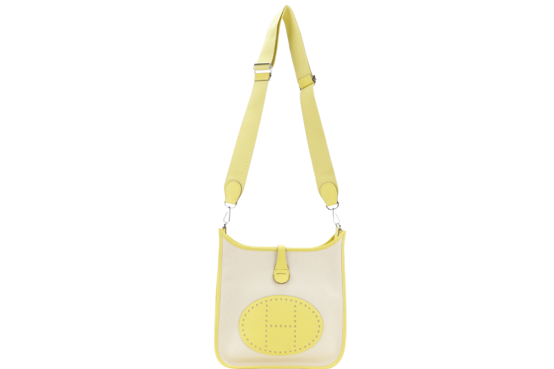 HERMES EVELYNE PM ECRU TOILE LIME YELLOW COLOR STAMP Y (YEAR 2020) WITH STRAP, DUST COVER, BOX AND PAPER BAG