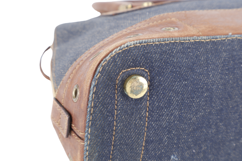 CHRISTIAN DIOR STREET CHIC TROTTER BAG BROWN LEATHER BLUE DEMIN GOLD HARDWARE NO DUST COVER