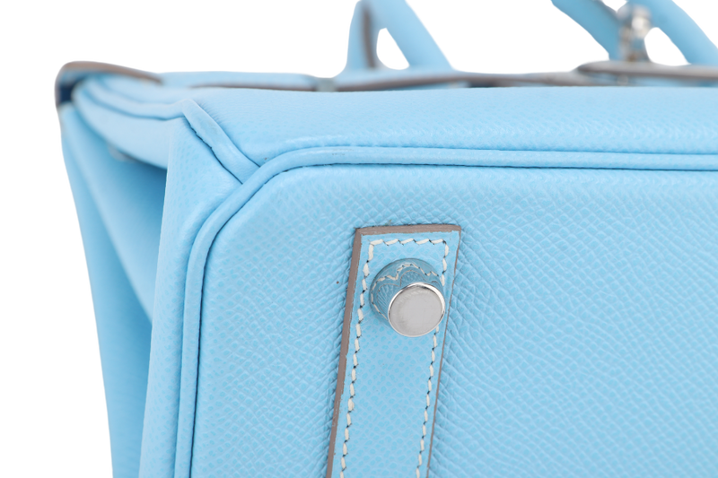 HERMES BIRKIN 25 BLUE CELESTE, BLUE THALASSA EPSOM LEATHER SILVER HARDWARE STAMP O (YEAR 2011) NO KEYS, NO LOCK WITH DUST COVER
