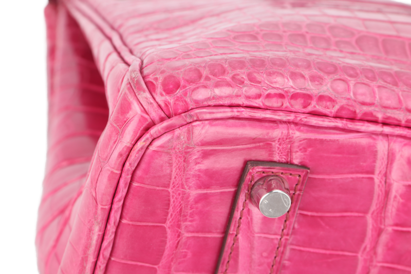 HERMES BIRKIN 35 SHINY POROSUS ROSE TYRIEN SILVER HARDWARE STAMP UNCLEAR WITH KEYS, LOCK, RAINCOAT AND DUST COVER