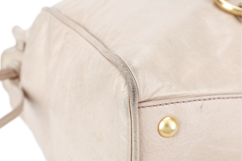 MIU MIU VITELLO LUX LARGE BEIGE BOWLER BAG GOLD HARDWARE WITH LEATHER STRAPS AND DUST COVER