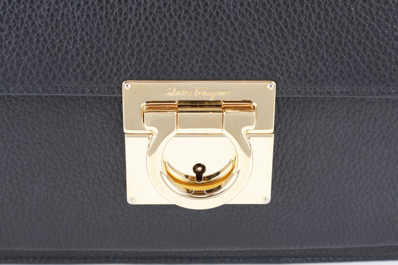 SALVATORE FERRAGAMO BLACK LEATHER GOLD HARDWARE WITH DUST COVER, BOX AND KEY POCHETTE
