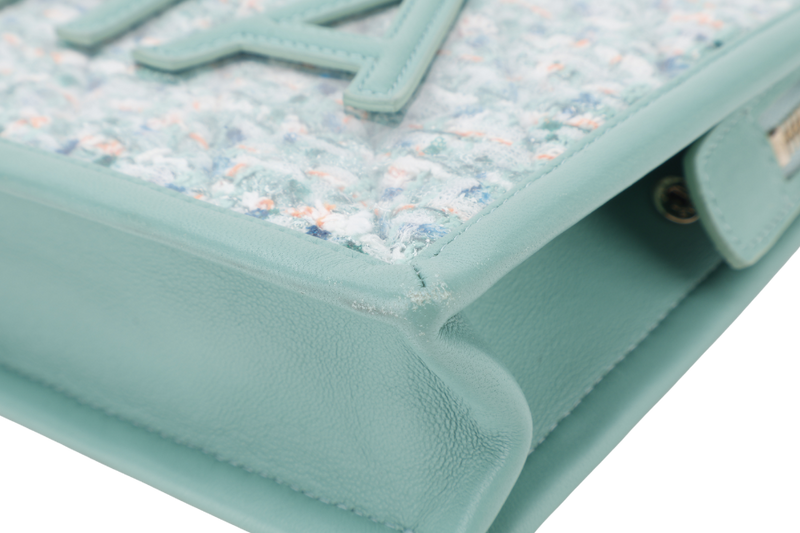 CHANEL GREEN TWEED PVC LAMBSKIN CHANEL LOGO WRISTLET POUCH (2081xxxx) GOLD HARDWARE WITH DUST COVER AND CARD