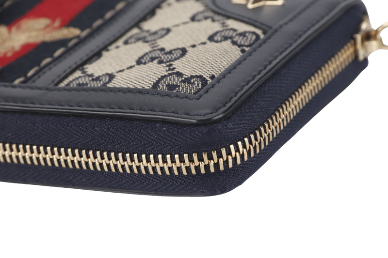 GUCCI WEB BEE ZIPPY WALLET DARK BLUE CANVAS CALF LEATHER GOLD HARDWARE WITH DUST COVER AND BOX