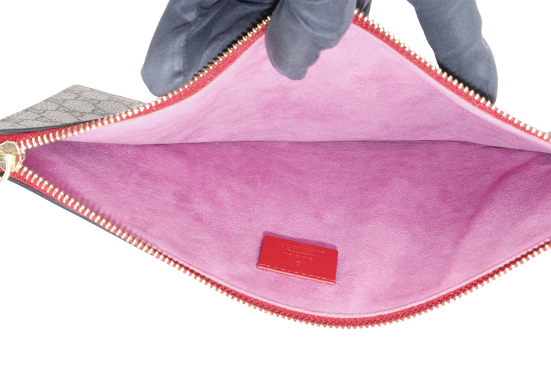 GUCCI BOSCO GG SUPREME CANVAS CLUTCH BAG, PINK, BEIGE AND RED WITH DUST COVER AND BOX