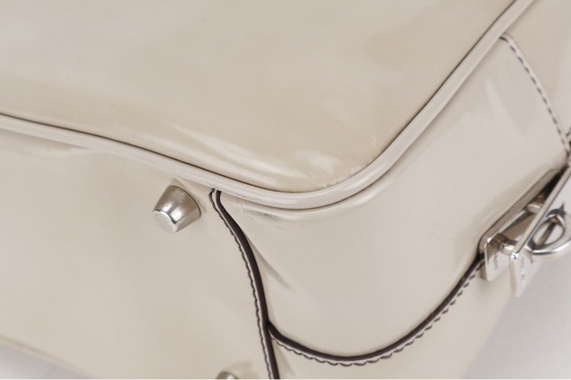 PRADA BN1114 TOP HANDLE BEIGE VINYL BAG SILVER HARDWARE WITH CARD, KEYS&LOCK AND DUST COVER