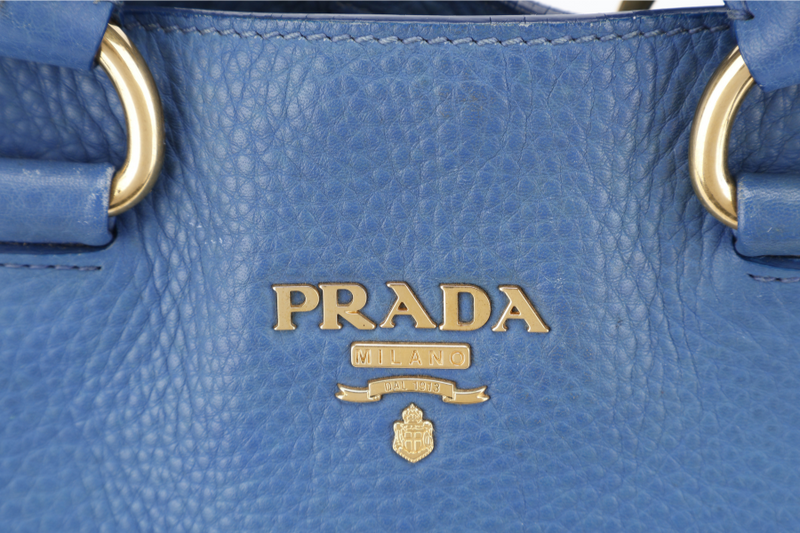 PRADA BLUE VITELLO DAINO LEATHER TOTE GOLD HARDWARE WITH STRAPS, CARD AND DUST COVER