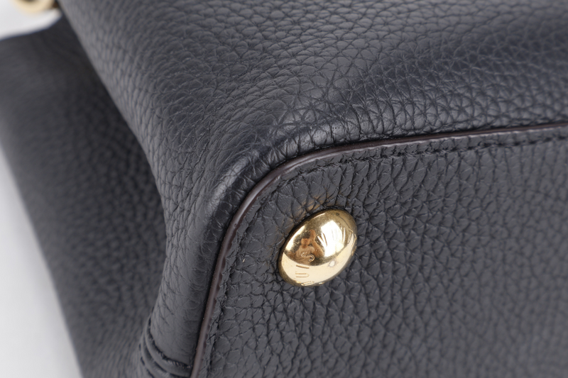 LOUIS VUITTON CAPUCINES BB BLACK CALFSKIN LEATHER GOLD HARDWARE WITH LEATHER STRAPS AND DUST COVER