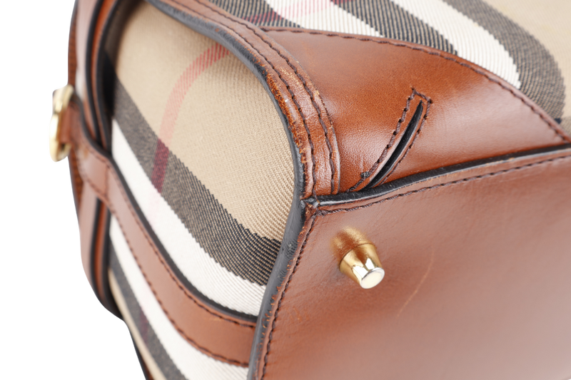 BURBERRY HOUSE CHECK BRIDLE BOWLING BAG BROWN CANVAS AND LEATHER GOLD HARDWARE WITH DUST COVER