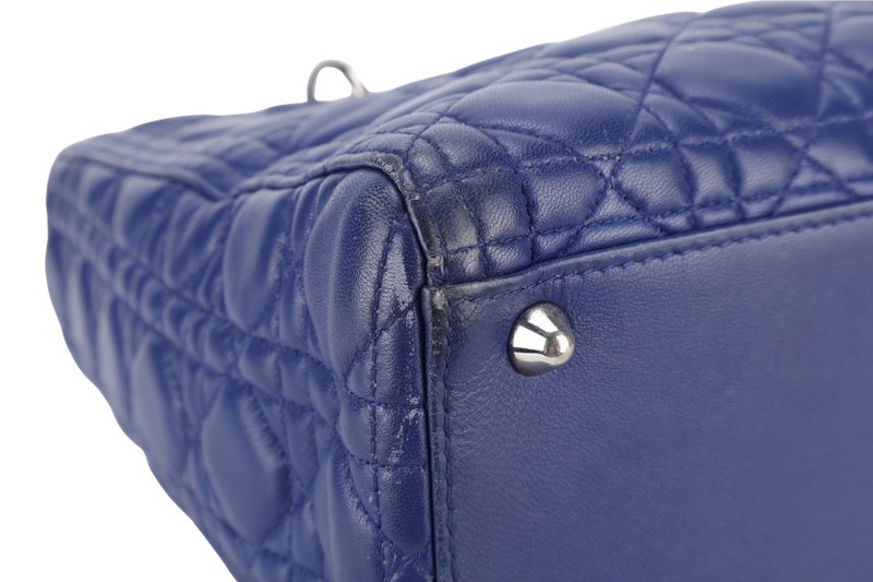 CHRISTIAN DIOR LADY DIOR (13-BO-1113) LARGE BLUE LAMBSKIN SILVER HARDWARE WITH LONG STRAPS NO DUST COVER