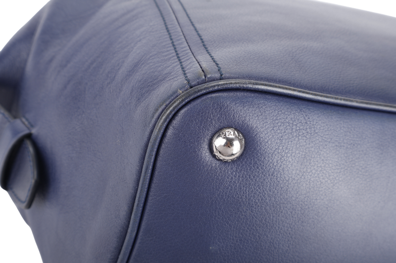 PRADA BR4998 BLUE LARGE LEATHER BOSTON BAG SILVER HARDWARE WITH KEYS & LOCK NO DUST COVER