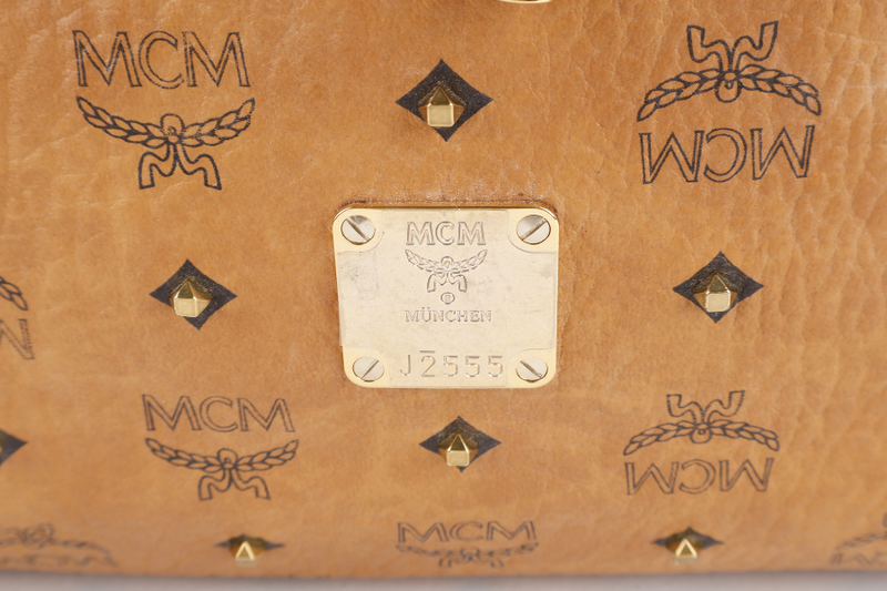 MCM VISETOS TWO WAY BAG BROWN CALFSKIN LEATHER GOLD HARDWARE WITH STRAPS, DUST COVER AND CARD