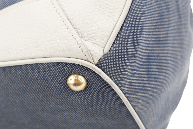 PRADA BLUE DENIM TOTE BAG WHITE LEATHER GOLD HARDWARE NO DUST COVER