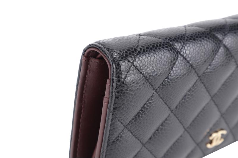 CHANEL BLACK QUILTED CAVIAR LEATHER L YEN CONTINENTAL WALLET (2446xxxx) GOLD HARDWARE WITH CARD NO DUST COVER